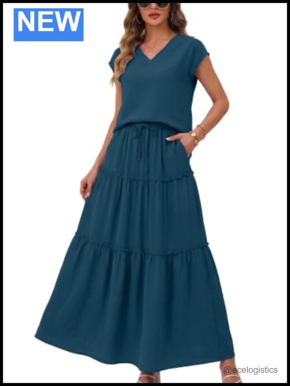 2 Piece Skirt Set Maxi Skirts for Women V Neck Cap Sleeve Matching Outfit